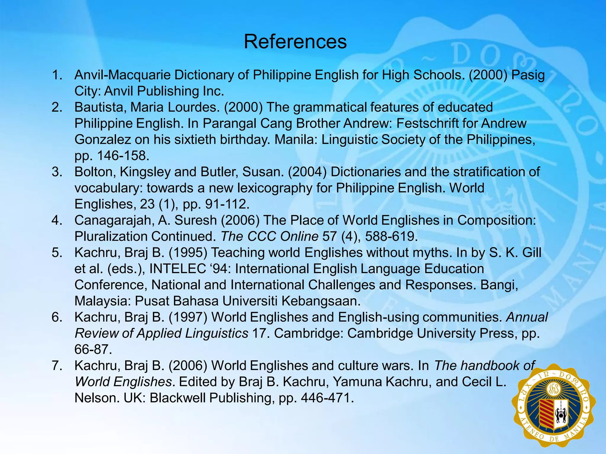 References
1. Anvil-Macquarie Dictionary of Philippine English for High Schools. (2000) Pasig
   City: Anvil Publishing Inc.
2. Bautista, Maria Lourdes. (2000) The grammatical features of educated
   Philippine English. In Parangal Cang Brother Andrew: Festschrift for Andrew
   Gonzalez on his sixtieth birthday. Manila: Linguistic Society of the Philippines,
   pp. 146-158.
3. Bolton, Kingsley and Butler, Susan. (2004) Dictionaries and the stratification of
   vocabulary: towards a new lexicography for Philippine English. World
   Englishes, 23 (1), pp. 91-112.
4. Canagarajah, A. Suresh (2006) The Place of World Englishes in Composition:
   Pluralization Continued. The CCC Online 57 (4), 588-619.
5. Kachru, Braj B. (1995) Teaching world Englishes without myths. In by S. K. Gill
   et al. (eds.), INTELEC „94: International English Language Education
   Conference, National and International Challenges and Responses. Bangi,
   Malaysia: Pusat Bahasa Universiti Kebangsaan.
6. Kachru, Braj B. (1997) World Englishes and English-using communities. Annual
   Review of Applied Linguistics 17. Cambridge: Cambridge University Press, pp.
   66-87.
7. Kachru, Braj B. (2006) World Englishes and culture wars. In The handbook of
   World Englishes. Edited by Braj B. Kachru, Yamuna Kachru, and Cecil L.
   Nelson. UK: Blackwell Publishing, pp. 446-471.
 