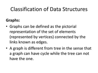 Classification of Data Structures
Graphs:
• Graphs can be defined as the pictorial
representation of the set of elements
(represented by vertices) connected by the
links known as edges.
• A graph is different from tree in the sense that
a graph can have cycle while the tree can not
have the one.
 