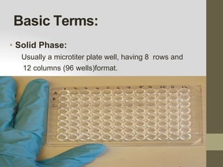 Basic Terms:
• Solid Phase:
Usually a microtiter plate well, having 8 rows and
12 columns (96 wells)format.
 