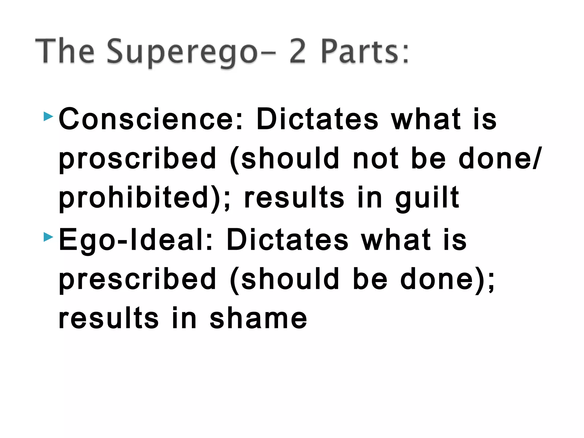 Conscience: Dictates what is 
proscribed (should not be done/ 
prohibited); results in guilt 
Ego-Ideal: Dictates what is 
prescribed (should be done); 
results in shame 
 