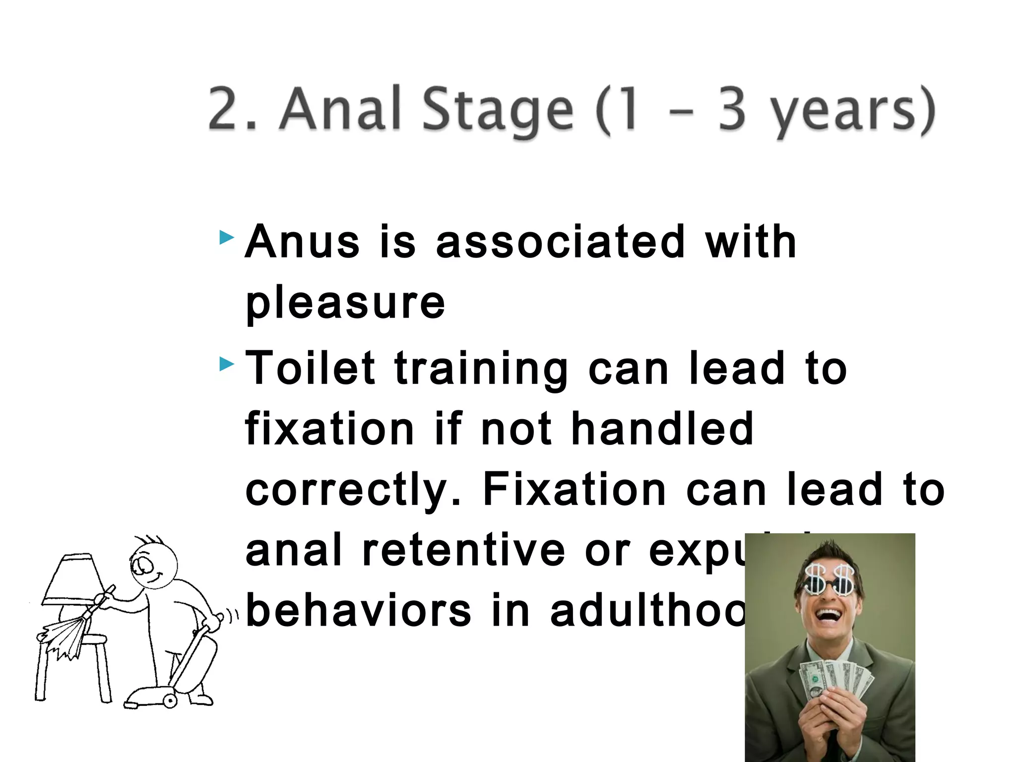  Anus is associated with 
pleasure 
 Toilet training can lead to 
fixation if not handled 
correctly. Fixation can lead to 
anal retentive or expulsive 
behaviors in adulthood. 
 