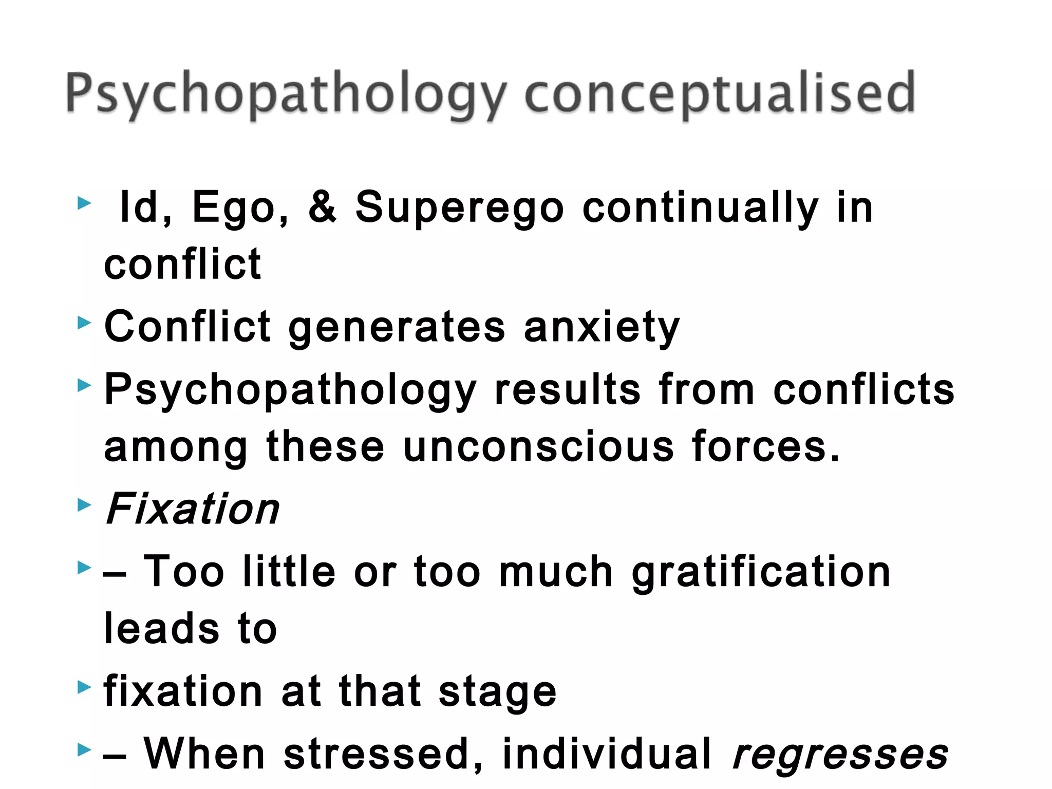  Id, Ego, & Superego continually in 
conflict 
 Conflict generates anxiety 
 Psychopathology results from conflicts 
among these unconscious forces. 
Fixation 
 – Too little or too much gratification 
leads to 
 fixation at that stage 
 – When stressed, individual regresses 
to earlier stage 
 