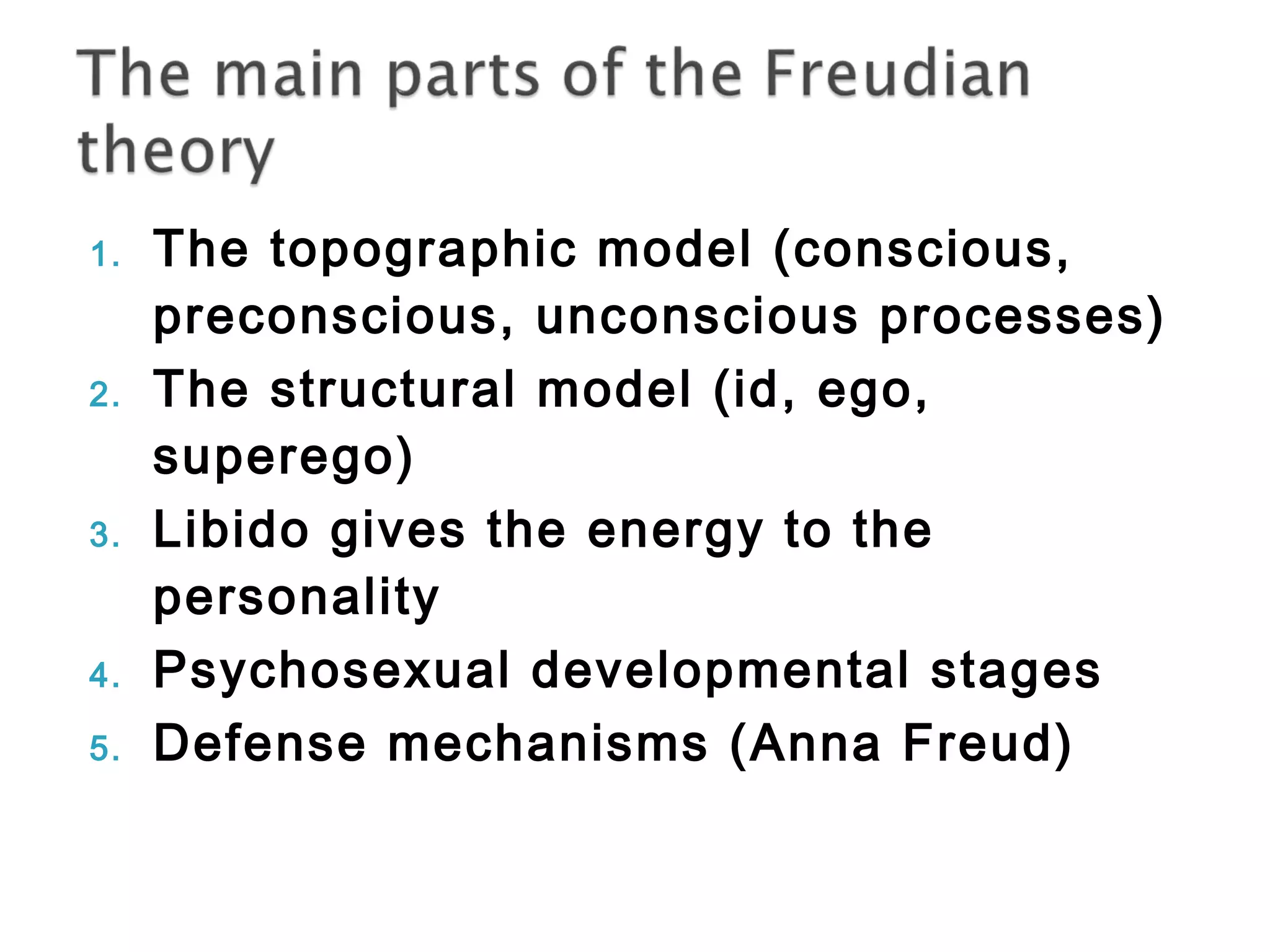 1. The topographic model (conscious, 
preconscious, unconscious processes) 
2. The structural model (id, ego, 
superego) 
3. Libido gives the energy to the 
personality 
4. Psychosexual developmental stages 
5. Defense mechanisms (Anna Freud) 
 