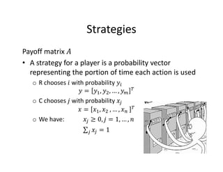 Strategies
Payoff matrix
• A strategy for a player is a probability vector
representing the portion of time each action is...