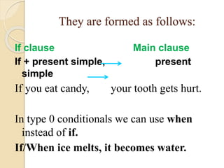They are formed as follows:
If clause Main clause
If + present simple, present
simple
If you eat candy, your tooth gets hurt.
In type 0 conditionals we can use when
instead of if.
If/When ice melts, it becomes water.
 