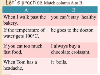 Let`s practice Match column A to B.
A B
When I walk past the
bakery,
you can’t stay healthy
If the temperature of
water gets 100°C,
he goes to the doctor.
If you eat too much
fast food,
I always buy a
chocolate croissant.
When Tom has a
headache,
it boils.
 