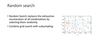 Random search
• Random Search replaces the exhaustive
enumeration of all combinations by
selecting them randomly.
• Combine grid search with subsampling.
 