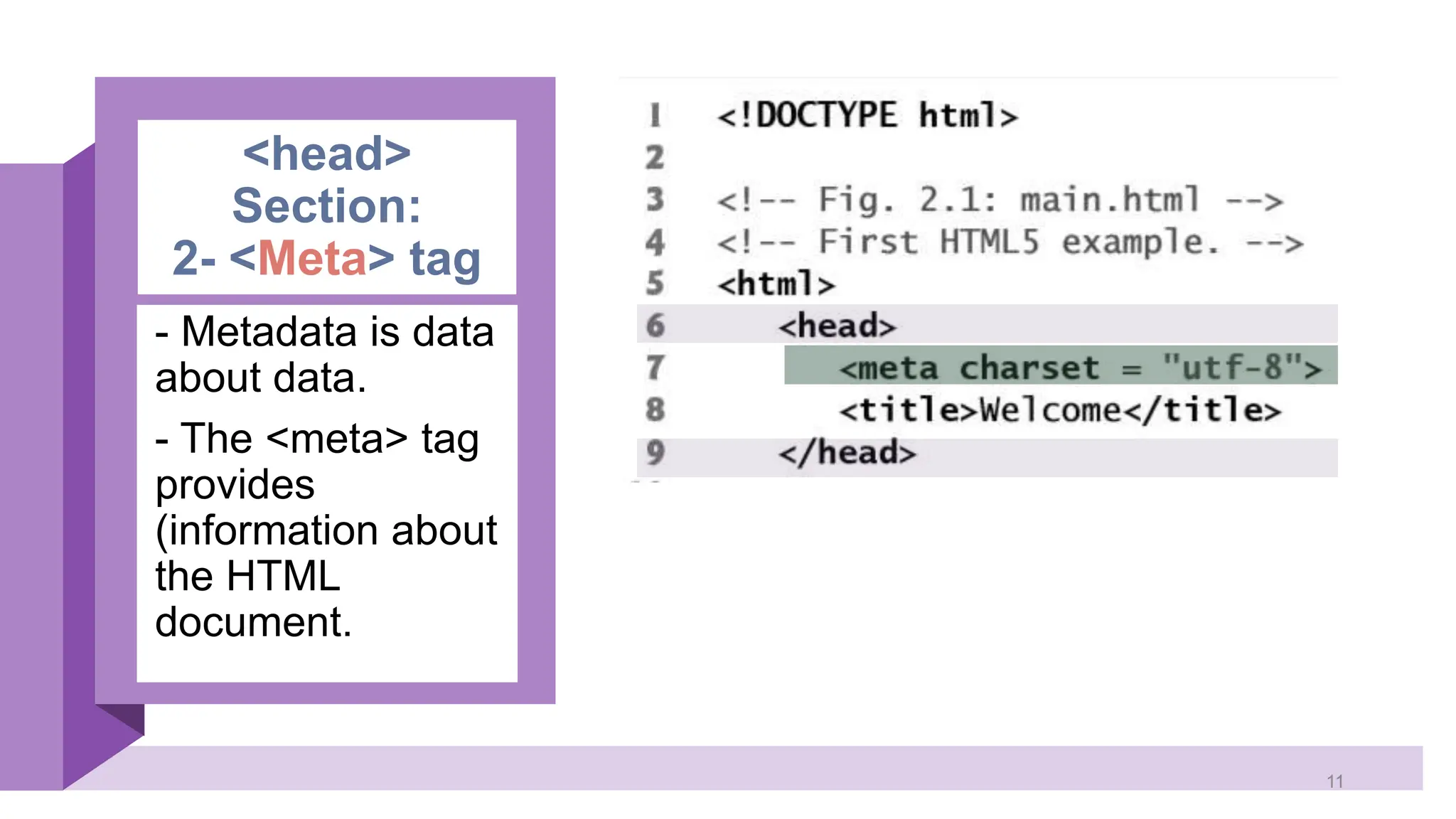 <head> Section: 2- <Meta> tag - Metadata is data about data. - The <meta> tag provides (information about the HTML document. 11 