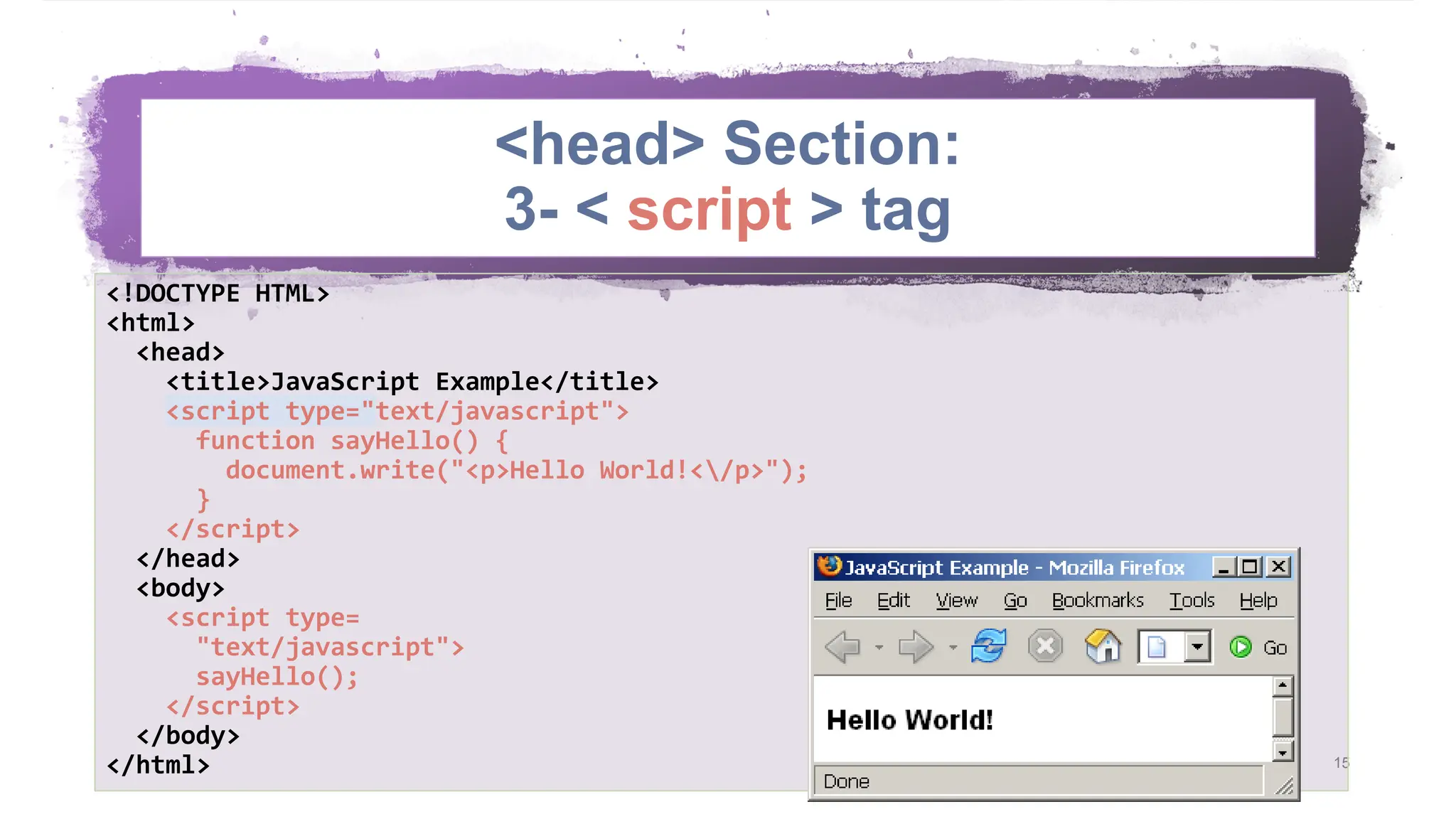 <head> Section: 3- < script > tag 15 <!DOCTYPE HTML> <html> <head> <title>JavaScript Example</title> <script type="text/javascript"> function sayHello() { document.write("<p>Hello World!</p>"); } </script> </head> <body> <script type= "text/javascript"> sayHello(); </script> </body> </html> 