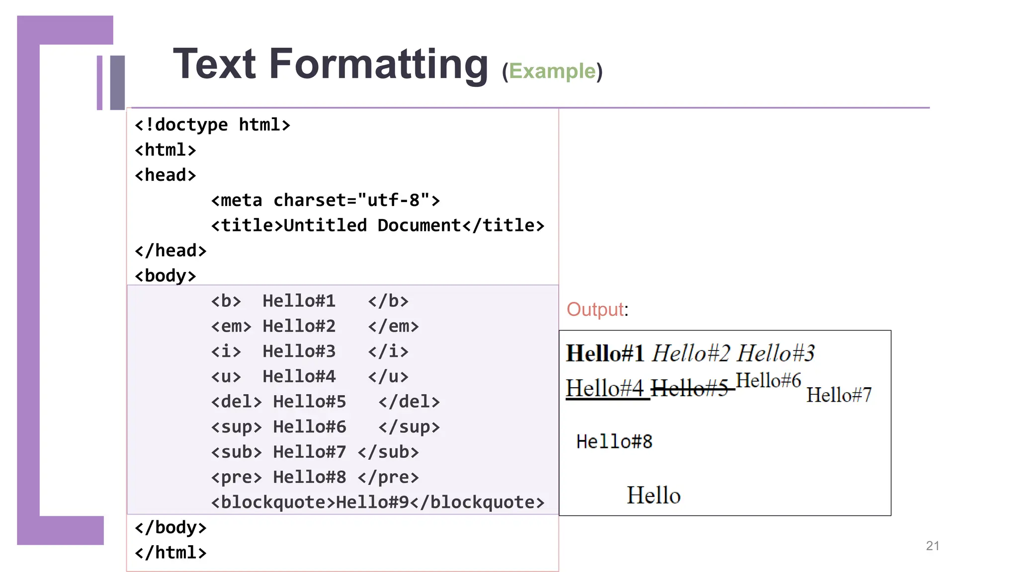 <!doctype html> <html> <head> <meta charset="utf-8"> <title>Untitled Document</title> </head> <body> <b> Hello#1 </b> <em> Hello#2 </em> <i> Hello#3 </i> <u> Hello#4 </u> <del> Hello#5 </del> <sup> Hello#6 </sup> <sub> Hello#7 </sub> <pre> Hello#8 </pre> <blockquote>Hello#9</blockquote> </body> </html> Text Formatting (Example) Output: 21 