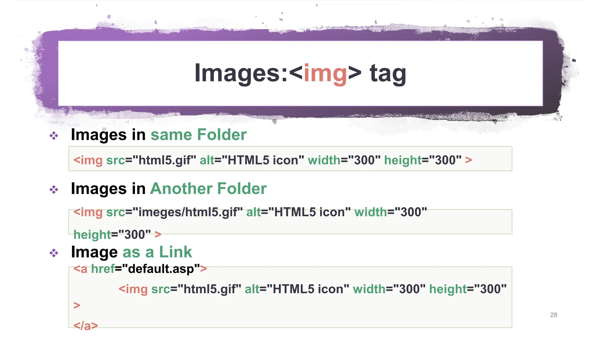 Images:<img> tag 28  Images in same Folder  Images in Another Folder  Image as a Link <img src="html5.gif" alt="HTML5 icon" width="300" height="300" > <a href="default.asp"> <img src="html5.gif" alt="HTML5 icon" width="300" height="300" > </a> <img src="imeges/html5.gif" alt="HTML5 icon" width="300" height="300" > 