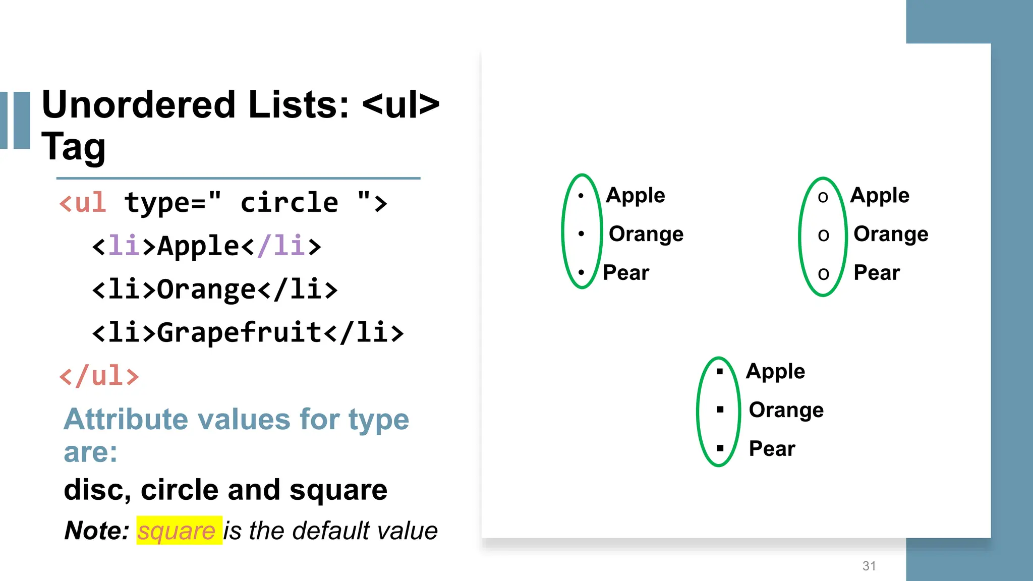 Unordered Lists: <ul> Tag <ul type=" circle "> <li>Apple</li> <li>Orange</li> <li>Grapefruit</li> </ul> Attribute values for type are: disc, circle and square Note: square is the default value 31  Apple  Orange  Pear • Apple • Orange • Pear o Apple o Orange o Pear 