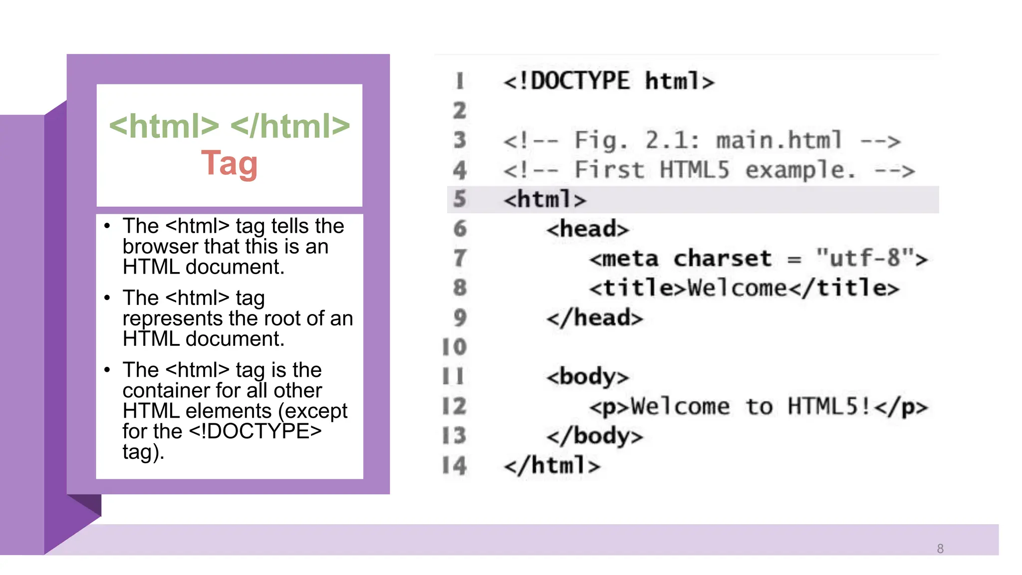 <html> </html> Tag • The <html> tag tells the browser that this is an HTML document. • The <html> tag represents the root of an HTML document. • The <html> tag is the container for all other HTML elements (except for the <!DOCTYPE> tag). 8 