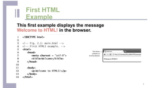 First HTML
Example
This first example displays the message
Welcome to HTML! in the browser.
4
 