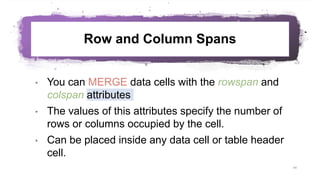 Row and Column Spans
• You can MERGE data cells with the rowspan and
colspan attributes
• The values of this attributes specify the number of
rows or columns occupied by the cell.
• Can be placed inside any data cell or table header
cell.
44
 