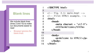 Blank lines
We include blank lines
(lines 2 and 10) to make
our documents easier to
read
• Browser ignores the
blank lines
6
 