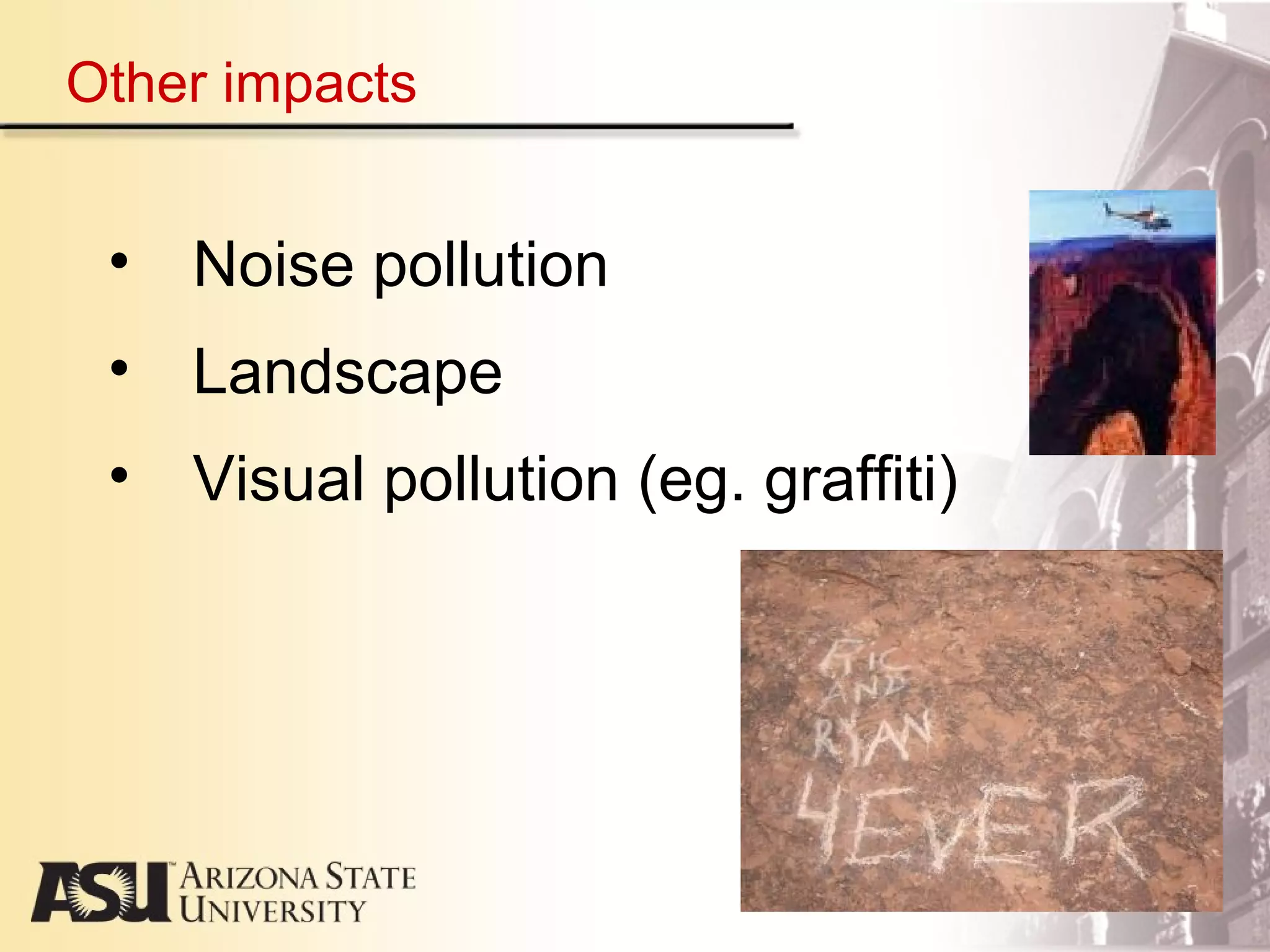 Other impacts
• Noise pollution
• Landscape
• Visual pollution (eg. graffiti)
 