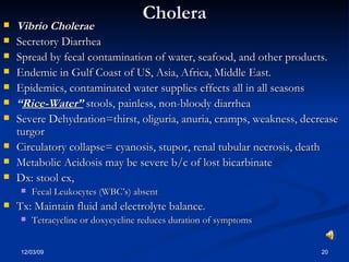 Cholera Vibrio Cholerae Secretory Diarrhea  Spread by fecal contamination of water, seafood, and other products. Endemic in Gulf Coast of US, Asia, Africa, Middle East. Epidemics, contaminated water supplies effects all in all seasons “ Rice-Water”  stools, painless, non-bloody diarrhea Severe Dehydration=thirst, oliguria, anuria, cramps, weakness, decrease turgor Circulatory collapse= cyanosis, stupor, renal tubular necrosis, death Metabolic Acidosis may be severe b/c of lost bicarbinate Dx: stool cx,  Fecal Leukocytes (WBC’s) absent Tx: Maintain fluid and electrolyte balance. Tetracycline or doxycycline reduces duration of symptoms 