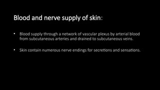 Blood and nerve supply of skin:
• Blood supply through a network of vascular plexus by arterial blood
from subcutaneous arteries and drained to subcutaneous veins.
• Skin contain numerous nerve endings for secretions and sensations.
 