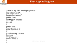 First Applet Program
/*This is my first applet program*/
import java.awt.*;
import java.applet.*;
public class
FirstApplet extends
Applet
{
public void
paint(Graphics g)
{
g.drawString(“This is
my First
Applet”,50,30);
} RAISONI GROUP OF INSTITUTIONS 22
 