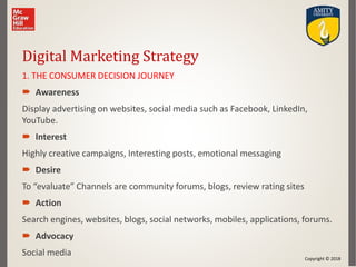 Copyright © 2018
Digital Marketing Strategy
1. THE CONSUMER DECISION JOURNEY
 Awareness
Display advertising on websites, social media such as Facebook, LinkedIn,
YouTube.
 Interest
Highly creative campaigns, Interesting posts, emotional messaging
 Desire
To “evaluate” Channels are community forums, blogs, review rating sites
 Action
Search engines, websites, blogs, social networks, mobiles, applications, forums.
 Advocacy
Social media
 