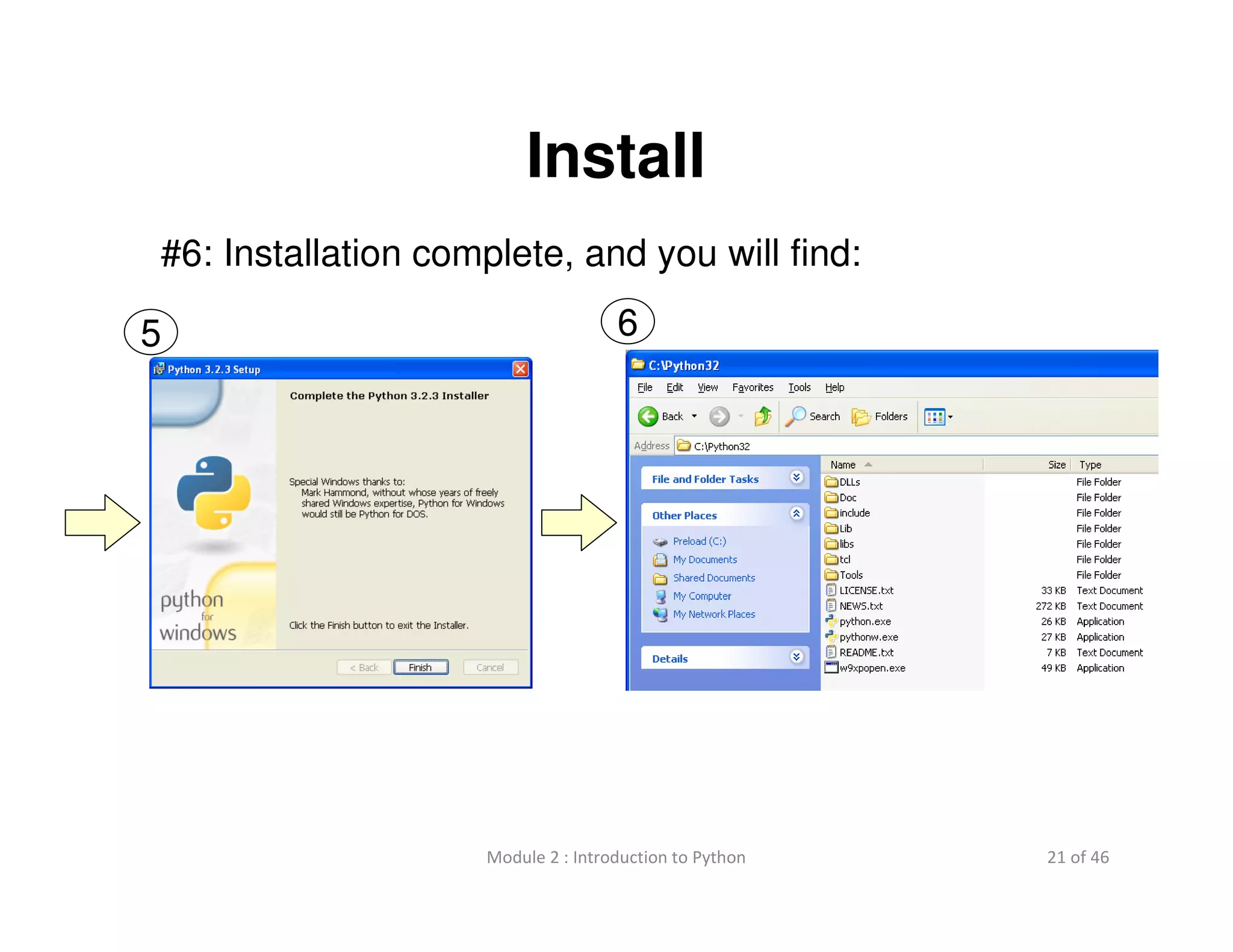 21 of 46Module 2 : Introduction to Python
Install
#6: Installation complete, and you will find:
5 6
 