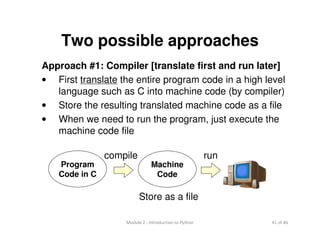 41 of 46Module 2 : Introduction to Python
Two possible approaches
Approach #1: Compiler [translate first and run later]
• First translate the entire program code in a high level
language such as C into machine code (by compiler)
• Store the resulting translated machine code as a file
• When we need to run the program, just execute the
machine code file
Machine
Code
run
Store as a file
compile
Program
Code in C
 