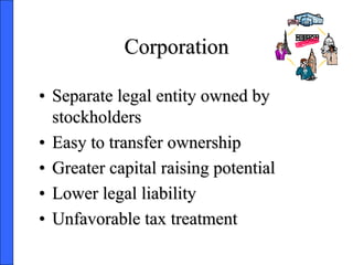 Corporation
• Separate legal entity owned by
stockholders
• Easy to transfer ownership
• Greater capital raising potential
• Lower legal liability
• Unfavorable tax treatment
 
