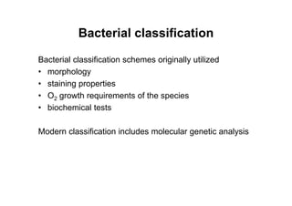 Bacterial classification
Bacterial classification schemes originally utilized
• morphology
• staining properties
• O2 growth requirements of the species
• biochemical tests
Modern classification includes molecular genetic analysis
 