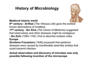 History of Microbiology
Medieval Islamic world
9th century - Al-Razi (The Virtuous Life) gave the earliest
known descriptions of smallpox
11th century - Ibn Sina (The Canon of Medicine) suggested
that tuberculosis and other diseases might be contagious
- Ibn Zuhr (1094–1162 ) first to describe scabies mites
Europe
Girolamo Fracastoro (1546) proposed that epidemic
diseases were caused by transferable seed-like entities that
could transmit infection
Actual observation and discovery of microbes was only
possible following invention of the microscope
 