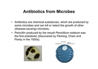 Antibiotics from Microbes
• Antibiotics are chemical substances, which are produced by
some microbes and can kill or retard the growth of other
(disease-causing) microbes.
• Penicillin produced by the mould Penicillium notatum was
the first antiobiotic (discovered by Fleming, Chain and
Florey in the 1930s).
 