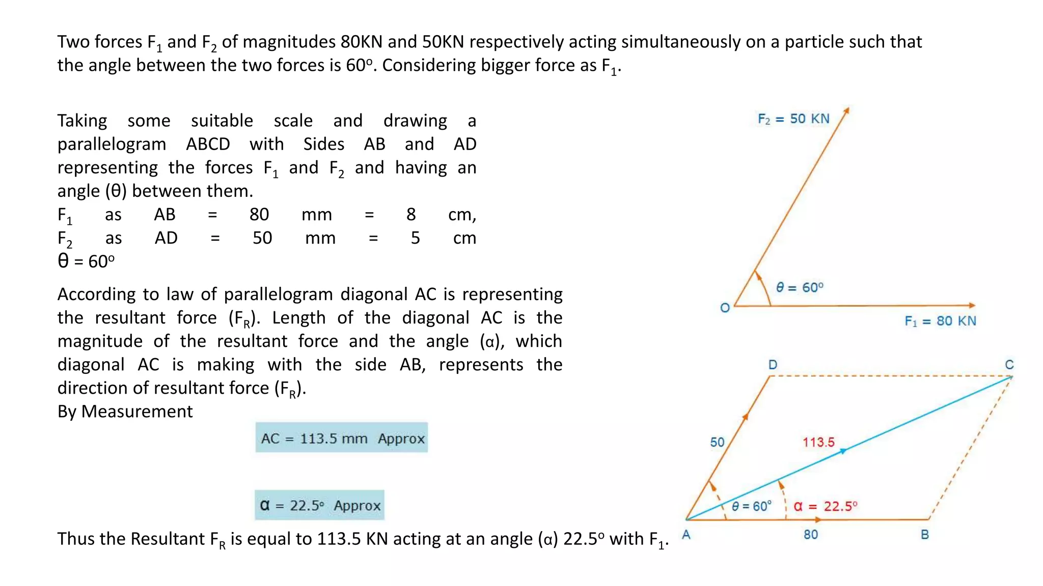 Two forces F1 and F2 of magnitudes 80KN and 50KN respectively acting simultaneously on a particle such that
the angle between the two forces is 60o. Considering bigger force as F1.
Taking some suitable scale and drawing a
parallelogram ABCD with Sides AB and AD
representing the forces F1 and F2 and having an
angle (θ) between them.
F1 as AB = 80 mm = 8 cm,
F2 as AD = 50 mm = 5 cm
θ = 60o
According to law of parallelogram diagonal AC is representing
the resultant force (FR). Length of the diagonal AC is the
magnitude of the resultant force and the angle (α), which
diagonal AC is making with the side AB, represents the
direction of resultant force (FR).
By Measurement
Thus the Resultant FR is equal to 113.5 KN acting at an angle (α) 22.5o with F1.
 