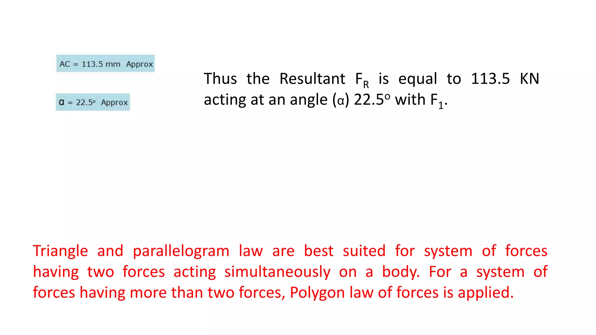 Triangle and parallelogram law are best suited for system of forces
having two forces acting simultaneously on a body. For a system of
forces having more than two forces, Polygon law of forces is applied.
Thus the Resultant FR is equal to 113.5 KN
acting at an angle (α) 22.5o with F1.
 