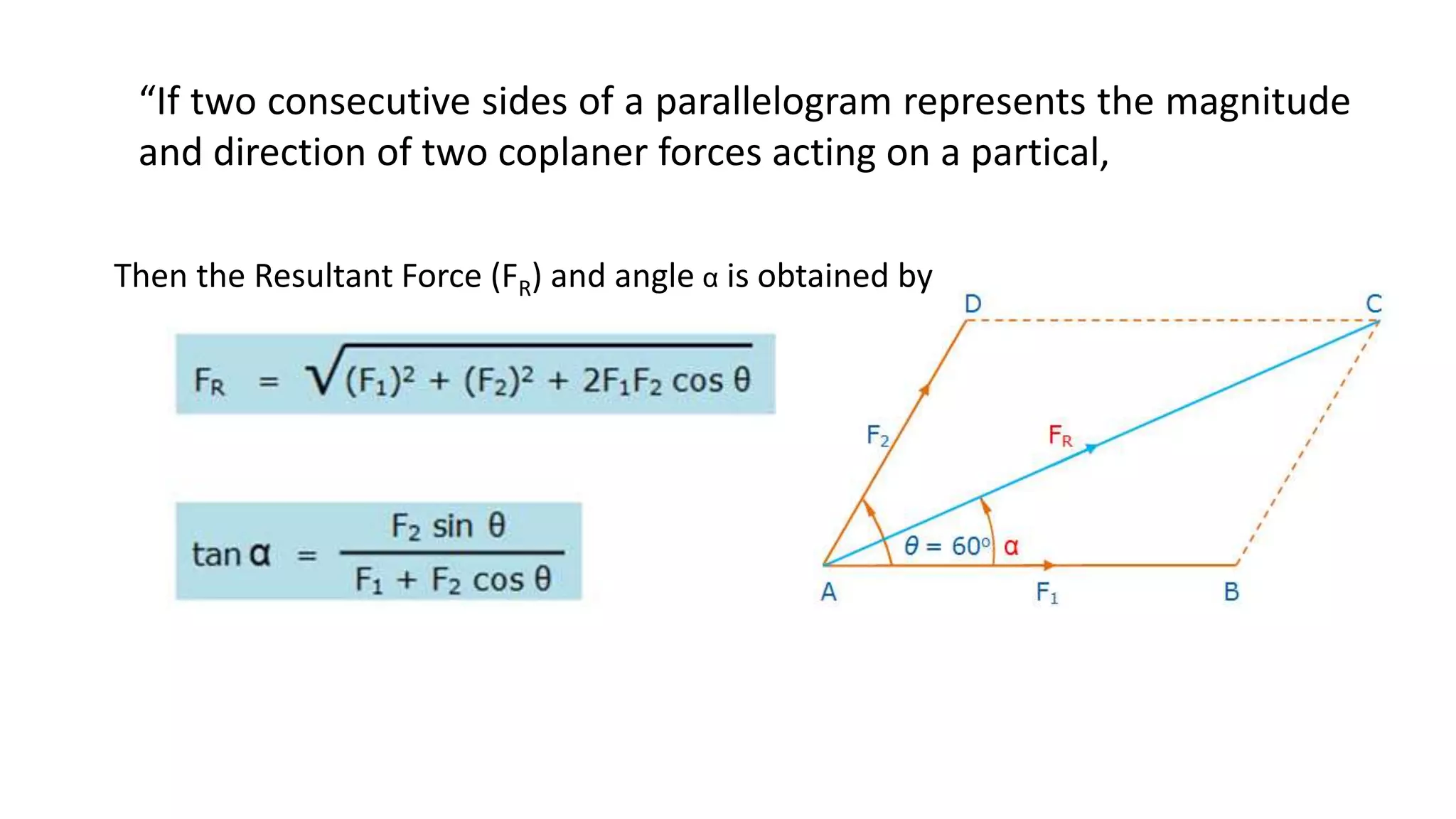 “If two consecutive sides of a parallelogram represents the magnitude
and direction of two coplaner forces acting on a partical,
Then the Resultant Force (FR) and angle α is obtained by
 
