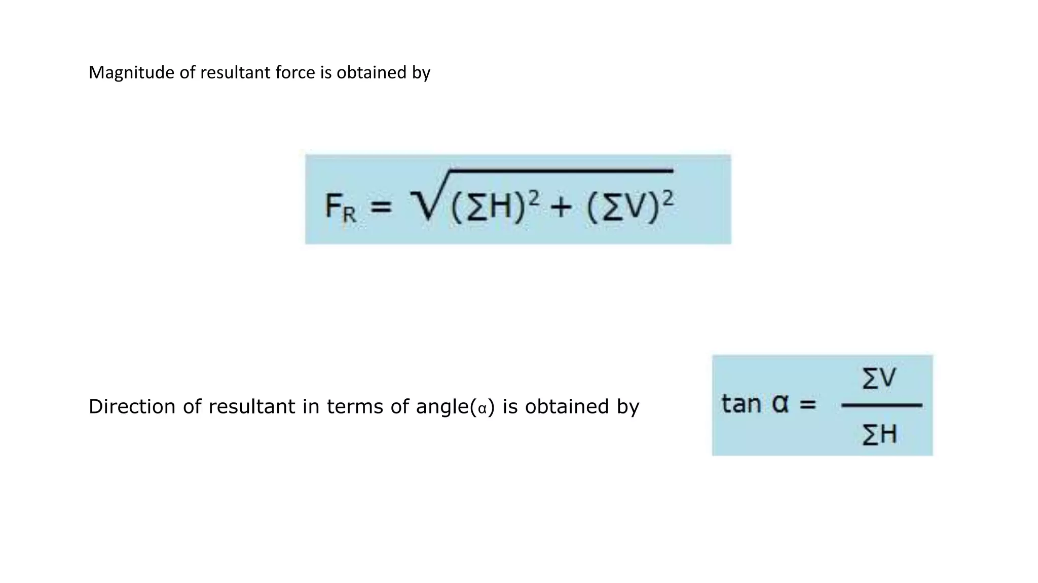 Direction of resultant in terms of angle(α) is obtained by
Magnitude of resultant force is obtained by
 