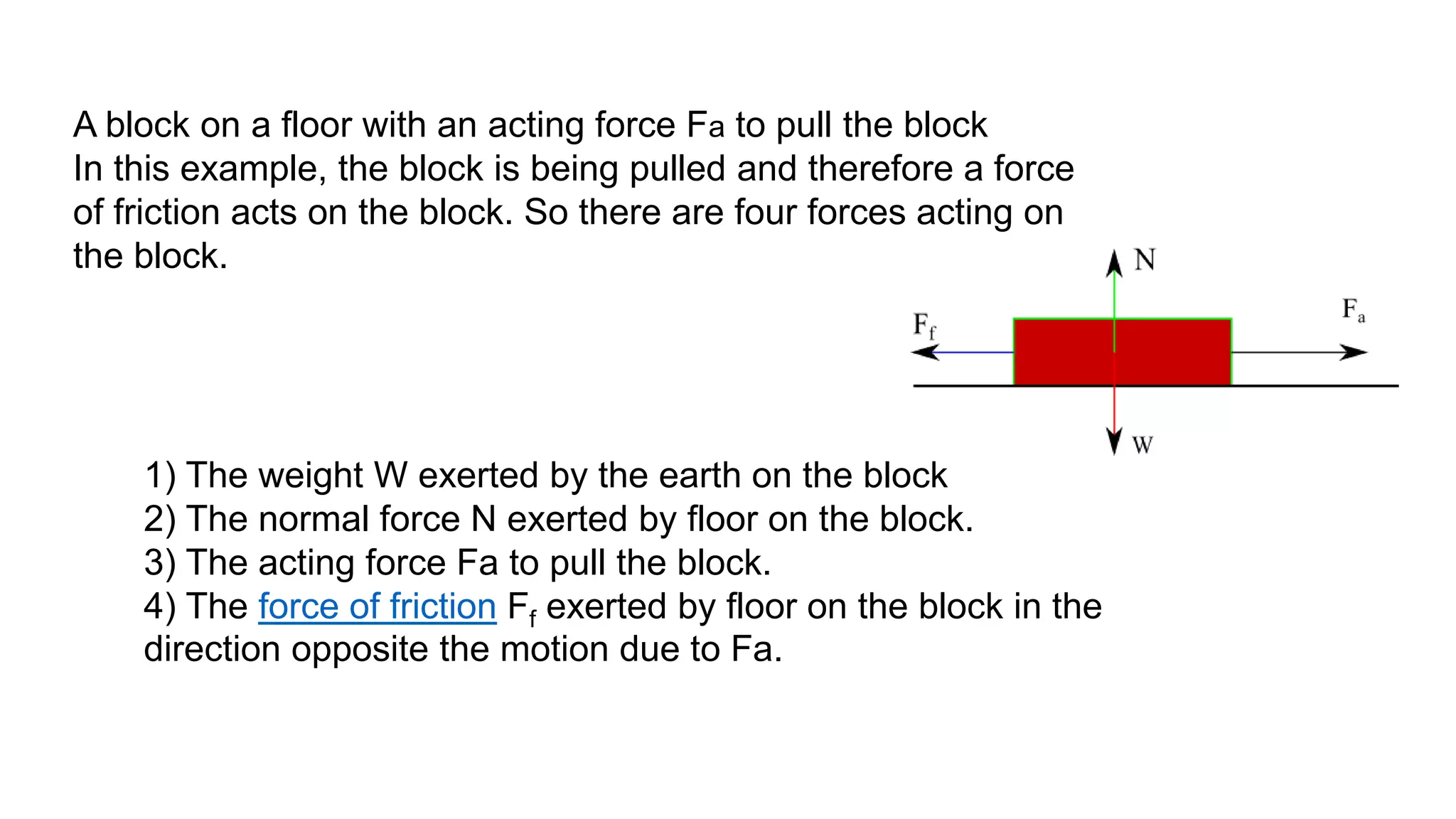 A block on a floor with an acting force Fa to pull the block
In this example, the block is being pulled and therefore a force
of friction acts on the block. So there are four forces acting on
the block.
1) The weight W exerted by the earth on the block
2) The normal force N exerted by floor on the block.
3) The acting force Fa to pull the block.
4) The force of friction Ff exerted by floor on the block in the
direction opposite the motion due to Fa.
 