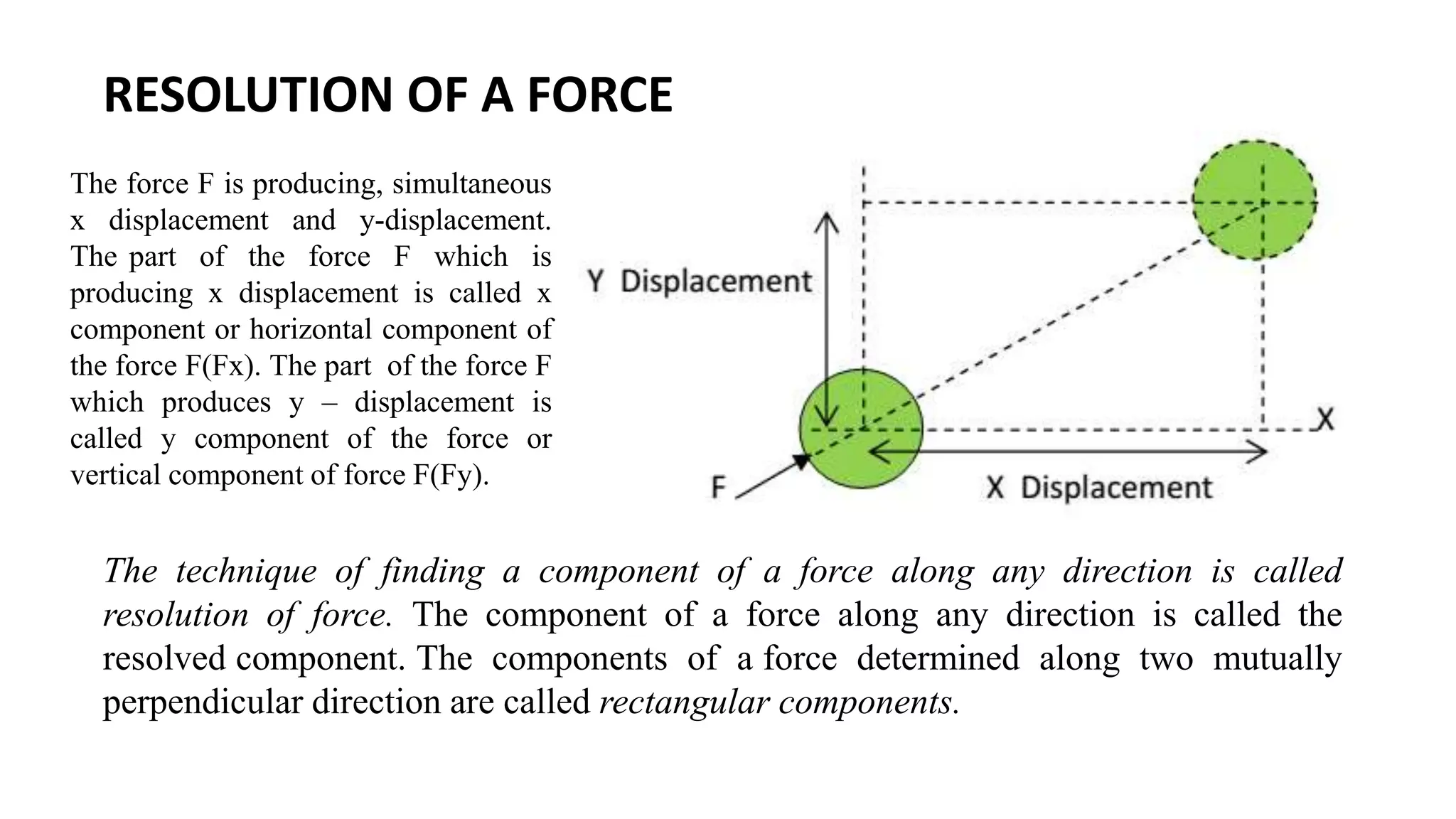 The force F is producing, simultaneous
x displacement and y-displacement.
The part of the force F which is
producing x displacement is called x
component or horizontal component of
the force F(Fx). The part of the force F
which produces y – displacement is
called y component of the force or
vertical component of force F(Fy).
The technique of finding a component of a force along any direction is called
resolution of force. The component of a force along any direction is called the
resolved component. The components of a force determined along two mutually
perpendicular direction are called rectangular components.
RESOLUTION OF A FORCE
 