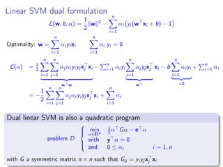 Linear SVM dual formulation
L(w, b, α) =
1
2
w 2
−
n
i=1
αi yi (w xi + b) − 1
Optimality: w =
n
i=1
αi yi xi
n
i=1
αi yi = 0
L(α) = 1
2
n
i=1
n
j=1
αj αi yi yj xj xi
w w
−
n
i=1 αi yi
n
j=1
αj yj xj
w
xi − b
n
i=1
αi yi
=0
+
n
i=1 αi
= −
1
2
n
i=1
n
j=1
αj αi yi yj xj xi +
n
i=1
αi
Dual linear SVM is also a quadratic program
problem D



min
α∈IRn
1
2 α Gα − e α
with y α = 0
and 0 ≤ αi i = 1, n
with G a symmetric matrix n × n such that Gij = yi yj xj xi
 