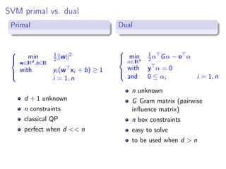 SVM primal vs. dual
Primal



min
w∈IRd
,b∈IR
1
2 w 2
with yi (w xi + b) ≥ 1
i = 1, n
d + 1 unknown
n constraints
classical QP
perfect when d << n
Dual



min
α∈IRn
1
2α Gα − e α
with y α = 0
and 0 ≤ αi i = 1, n
n unknown
G Gram matrix (pairwise
inﬂuence matrix)
n box constraints
easy to solve
to be used when d > n
 
