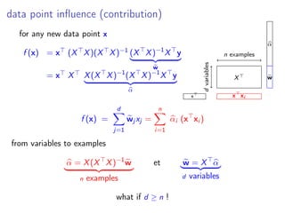 data point inﬂuence (contribution)
for any new data point x
f (x) = x (X X)(X X)−1 (X X)−1
X y
w
= x X X(X X)−1
(X X)−1
X y
α
x
n examples
dvariables
X
α
w
x xi
f (x) =
d
j=1
wj xj =
n
i=1
αi (x xi )
from variables to examples
α = X(X X)−1
w
n examples
et w = X α
d variables
what if d ≥ n !
 