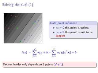 Solving the dual (1)
Data point inﬂuence
αi = 0 this point is useless
αi = 0 this point is said to be
support
f (x) =
d
j=1
wj xj + b =
3
i=1
αi yi (x xi ) + b
Decison border only depends on 3 points (d + 1)
 