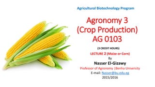 Agronomy 3
(Crop Production)
AG 0103
LECTURE 2 (Maize or Corn)
By
Nasser El-Gizawy
Professor of Agronomy |Benha University
E-mail: Nasser@bu.edu.eg
2015/2016
Agricultural Biotechnology Program
(3 CREDIT HOURS))
 