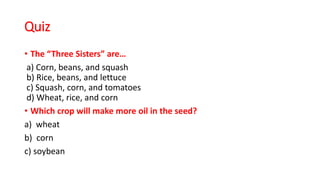 Quiz
• The “Three Sisters” are…
a) Corn, beans, and squash
b) Rice, beans, and lettuce
c) Squash, corn, and tomatoes
d) Wheat, rice, and corn
• Which crop will make more oil in the seed?
a) wheat
b) corn
c) soybean
 