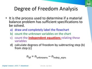 Degree of Freedom Analysis
• It is the process used to determine if a material
balance problem has sufficient specifications to
be solved.
a) draw and completely label the flowchart
b) count the unknown variables on the chart
c) count the independent equations relating these
variables
d) calculate degrees of freedom by subtracting step (b)
from step (c)
ndf = nunknowns – nindep_eqns
1 ChE 201 Fall 2011
 