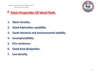 10
Egyptian Academy For Engineering &
Advanced Technology
 Main Properties Of Ideal Fluid:
1. Ideal viscosity.
2. Good lubrication capability.
3. Good chemical and environmental stability.
4. Incompressibility.
5. Fire resistance.
6. Good heat dissipation.
7. Low density.
 