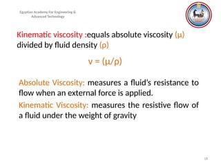 18
Egyptian Academy For Engineering &
Advanced Technology
Kinematic viscosity :equals absolute viscosity (μ)
divided by fluid density (ρ)
v = (μ/ρ)
Absolute Viscosity: measures a fluid’s resistance to
flow when an external force is applied.
Kinematic Viscosity: measures the resistive flow of
a fluid under the weight of gravity
 