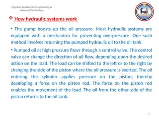 5
 How hydraulic systems work
Egyptian Academy For Engineering &
Advanced Technology
• The pump boosts up the oil pressure. Most hydraulic systems are
equipped with a mechanism for preventing overpressure. One such
method involves returning the pumped hydraulic oil to the oil tank.
• Pumped oil at high pressure flows through a control valve. The control
valve can change the direction of oil flow, depending upon the desired
action on the load. The load can be shifted to the left or to the right by
changing the side of the piston where the oil pressure is exerted. The oil
entering the cylinder applies pressure on the piston, thereby
developing a force on the piston rod. The force on the piston rod
enables the movement of the load. The oil from the other side of the
piston returns to the oil tank.
 