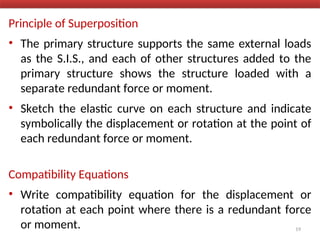 Principle of Superposition
• The primary structure supports the same external loads
as the S.I.S., and each of other structures added to the
primary structure shows the structure loaded with a
separate redundant force or moment.
• Sketch the elastic curve on each structure and indicate
symbolically the displacement or rotation at the point of
each redundant force or moment.
Compatibility Equations
• Write compatibility equation for the displacement or
rotation at each point where there is a redundant force
or moment. 19
 