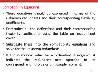 Compatibility Equations
• These equations should be expressed in terms of the
unknown redundants and their corresponding flexibility
coefficients.
• Determine all the deflections and their corresponding
flexibility coefficients using the table on inside front
cover.
• Substitute these into the compatibility equations and
solve for the unknown redundants.
• If the numerical value for a redundant is negative, it
indicates the redundant acts opposite to its
corresponding unit force or unit couple moment.
20
 