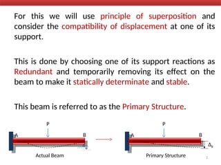 For this we will use principle of superposition and
consider the compatibility of displacement at one of its
support.
This is done by choosing one of its support reactions as
Redundant and temporarily removing its effect on the
beam to make it statically determinate and stable.
This beam is referred to as the Primary Structure.
3
A B
P
Actual Beam
A B
P
Primary Structure
ΔB
 